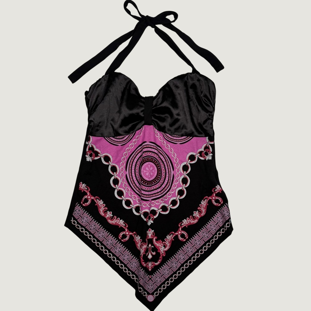 Y2K Black Pink Chain Scarf Print Halter Handkerchief Top Venus Womens Small